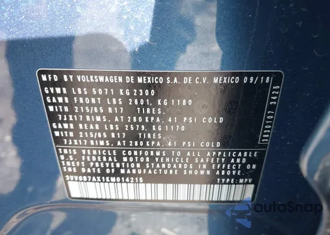 2019 Volkswagen Tiguan 2.0T S from USA, damaged, VIN 3VV0B7AX1KM014215